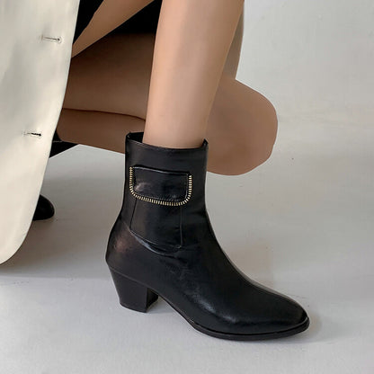 Women Pu Leather Pointed Toe Side Zippers Pocket Block Heel Short Boots