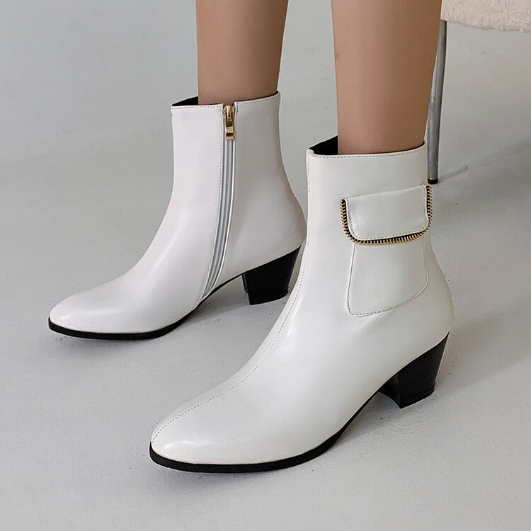 Women Pu Leather Pointed Toe Side Zippers Pocket Block Heel Short Boots