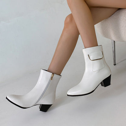 Women Pu Leather Pointed Toe Side Zippers Pocket Block Heel Short Boots