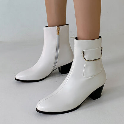 Women Pu Leather Pointed Toe Side Zippers Pocket Block Heel Short Boots