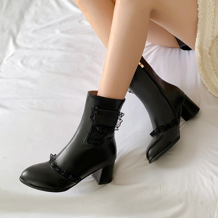 Women Pu Leather Lace Pocket Block Chunky Heel Side Zippers Short Boots