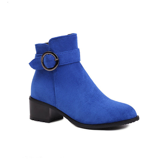 Women Booties Flock Round Toe Metal Buckle Straps Block Heel Ankle Boots