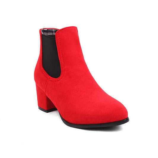 Women Booties Bicolor Flock Pointed Toe Stretch Block Heel Ankle Boots