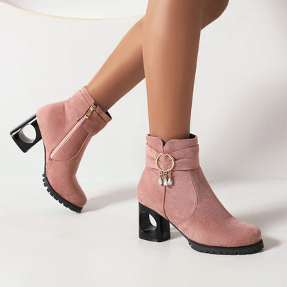 Women Booties Flock Side Zippers Pearls Tassel Block Heel Ankle Boots