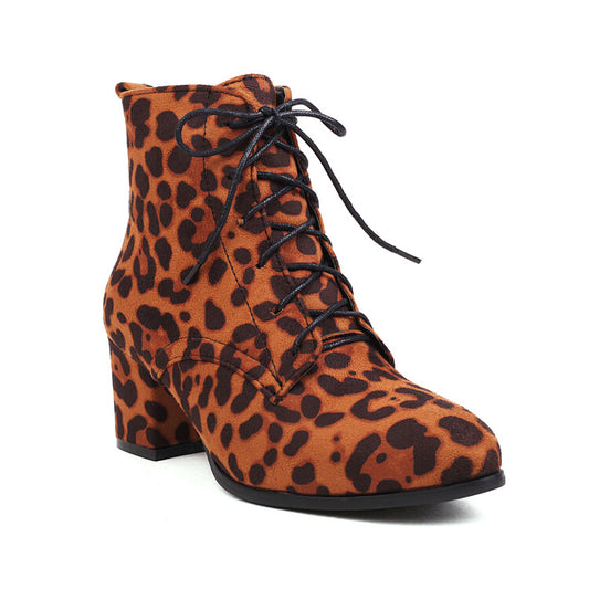 Women Booties Leopard Print Flock Round Toe Lace Up Block Heel Ankle Boots