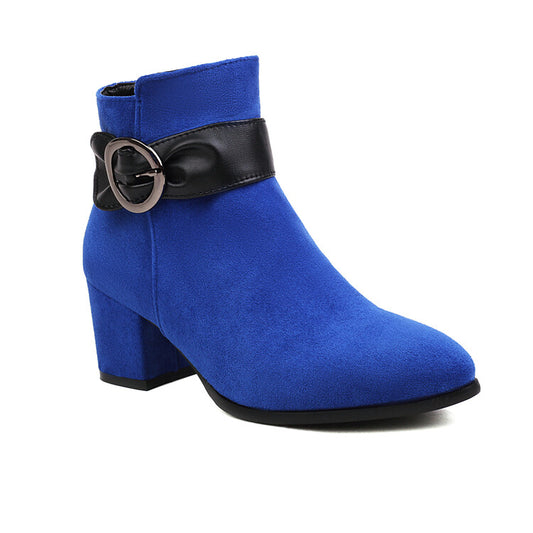 Women Booties Bicolor Flock Buckle Straps Block Heel Ankle Boots