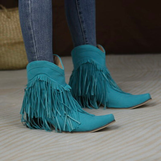 Women Flock Pointed Toe Tassel Block Chunky Heel Cowboy Ankle Boots