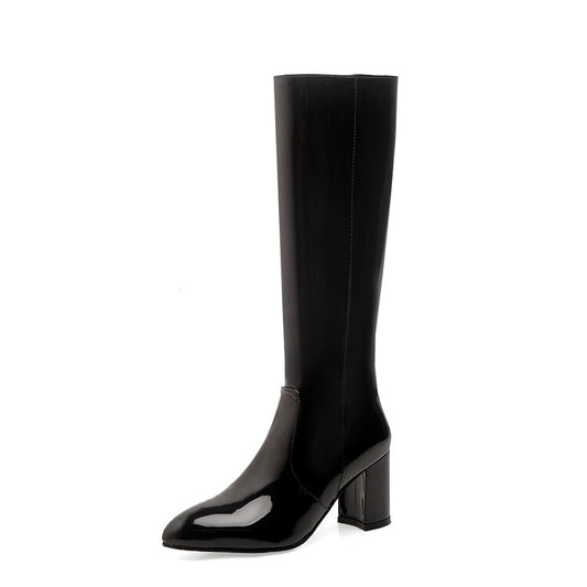 Women Glossy Side Zippers Block Chunky Heel Knee High Boots