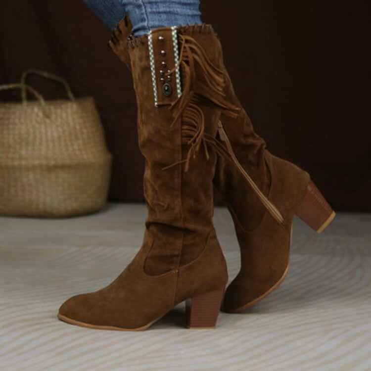 Women Flock Rivets Tassel Block Heel Side Zippers Mid Calf Boots