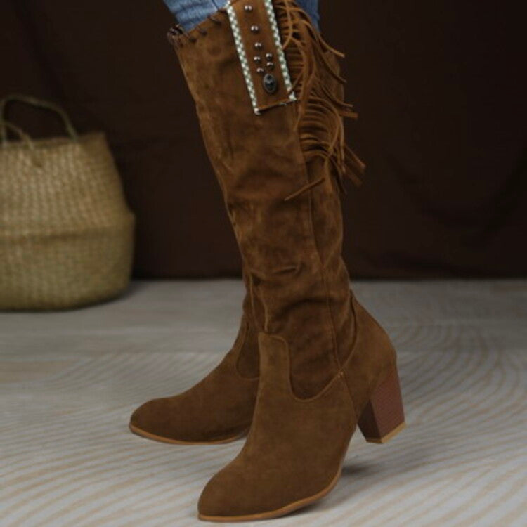 Women Flock Rivets Tassel Block Heel Side Zippers Mid Calf Boots