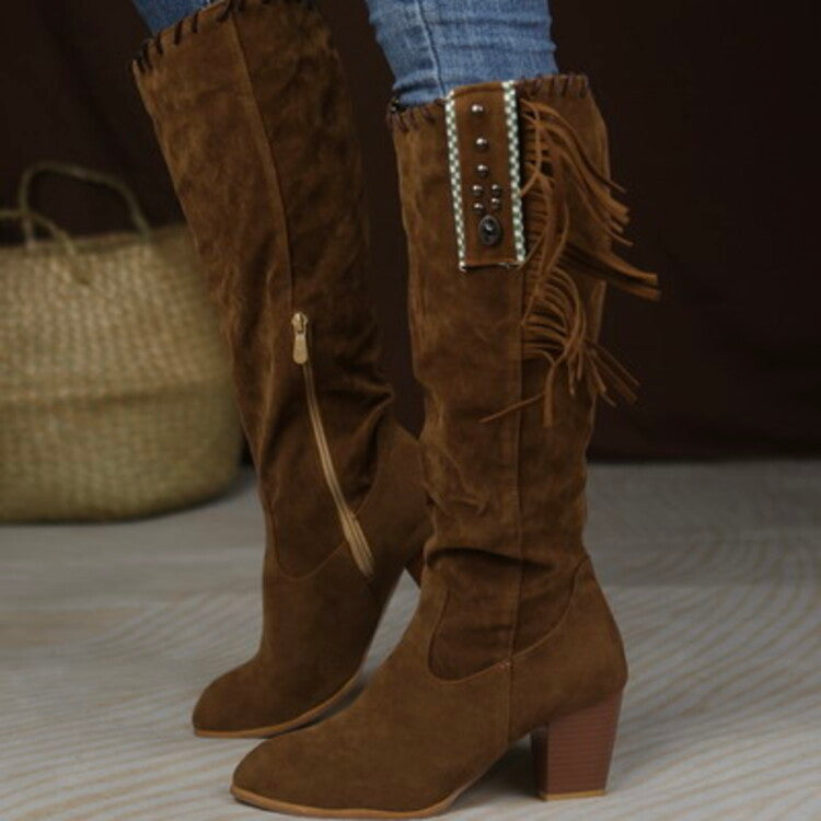 Women Flock Rivets Tassel Block Heel Side Zippers Mid Calf Boots