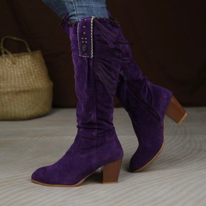 Women Flock Rivets Tassel Block Heel Side Zippers Mid Calf Boots