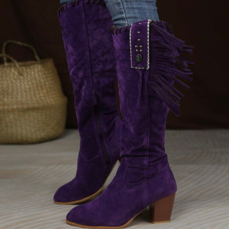 Women Flock Rivets Tassel Block Heel Side Zippers Mid Calf Boots