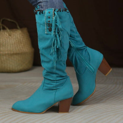 Women Flock Rivets Tassel Block Heel Side Zippers Mid Calf Boots