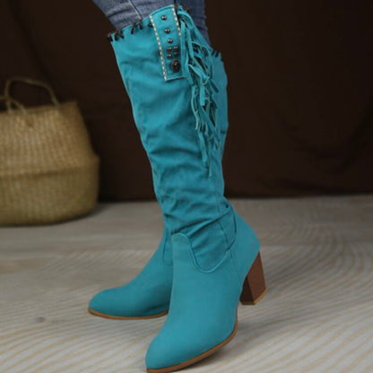 Women Flock Rivets Tassel Block Heel Side Zippers Mid Calf Boots