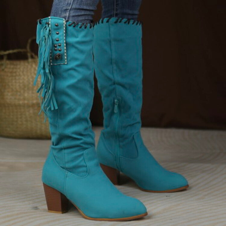 Women Flock Rivets Tassel Block Heel Side Zippers Mid Calf Boots