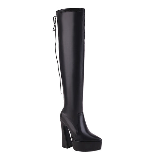 Women Glossy Pointed Toe Spool Heel Platform Back Tied Straps Over the Knee Boots