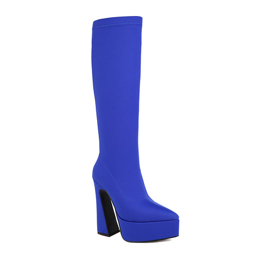 Women Flock Pointed Toe Stretch Spool Heel Platform Knee High Boots