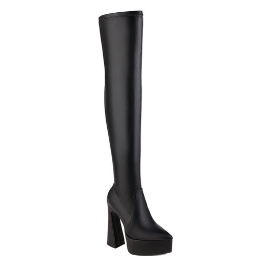 Women Frosted Pu Leather Pointed Toe Spool Heel Platform Over the Knee Boots