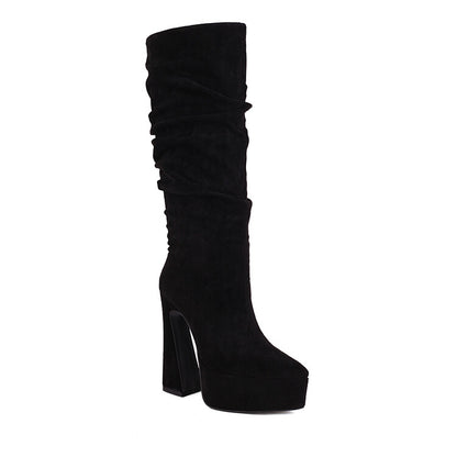 Women Flock Pointed Toe Spool Heel Platform Knee High Boots