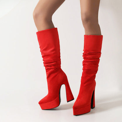 Women Flock Pointed Toe Spool Heel Platform Knee High Boots