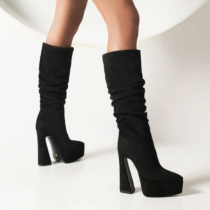 Women Flock Pointed Toe Spool Heel Platform Knee High Boots