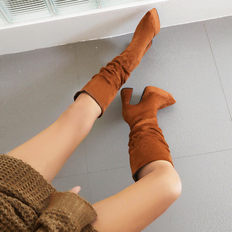 Women Flock Pointed Toe Spool Heel Platform Knee High Boots