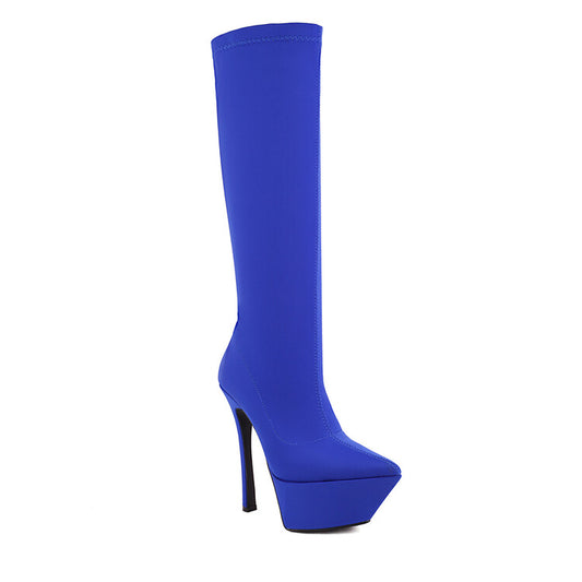 Women Flock Pointed Toe Stiletto Heel Platform Knee High Boots