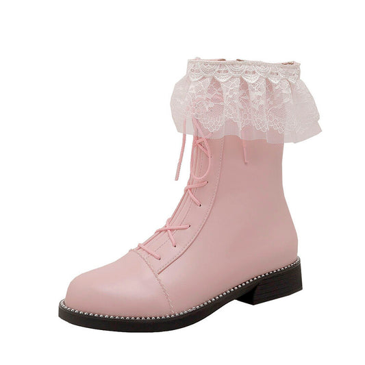 Women Pu Leather Round Toe Lace Lace-up Stitch Side Zippers Short Boots