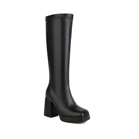 Women Pu Leather Square Toe Block Chunky Heel Platform Knee High Boots