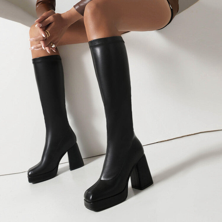Women Pu Leather Square Toe Block Chunky Heel Platform Knee High Boots
