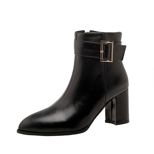 Women Pu Leather Buckle Straps Side Zippers Block Chunky Heel Short Boots