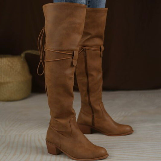 Women Side Zippers Entangled Tied Straps Block Heel Tall Boots