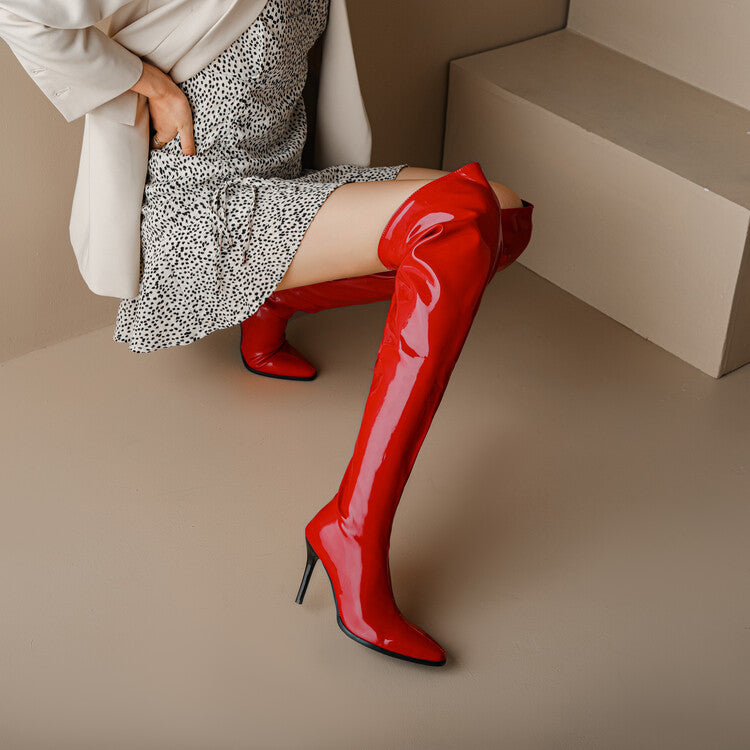 Women Glossy Pointed Toe Stiletto Heel Over-the-Knee Boots