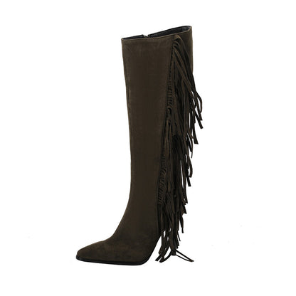 Women Flock Pointed Toe Tassel Stiletto Heel Knee-High Boots