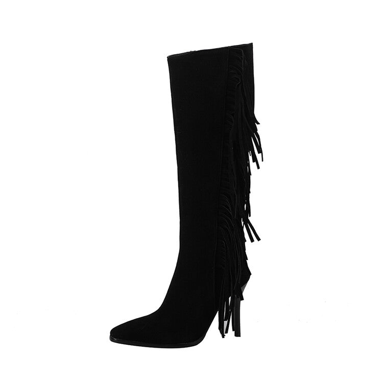 Women Flock Pointed Toe Tassel Stiletto Heel Knee-High Boots