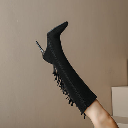 Women Flock Pointed Toe Tassel Stiletto Heel Knee-High Boots