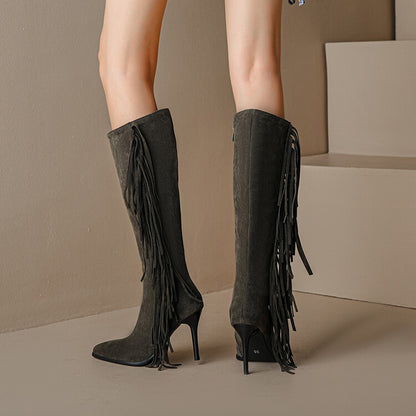 Women Flock Pointed Toe Tassel Stiletto Heel Knee-High Boots