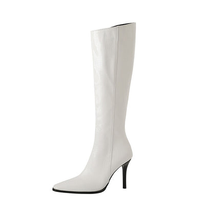 Women Pu Leather Pointed Toe Side Zippers Stiletto Heel Knee-High Boots