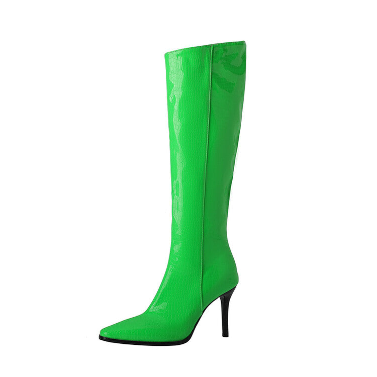 Women Pu Leather Pointed Toe Side Zippers Stiletto Heel Knee-High Boots