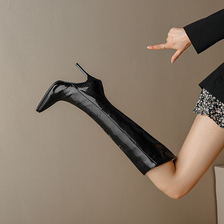 Women Pu Leather Pointed Toe Side Zippers Stiletto Heel Knee-High Boots