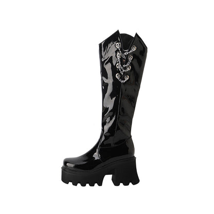 Women Round Toe Metal Chains Block Heel Platform Knee-High Boots