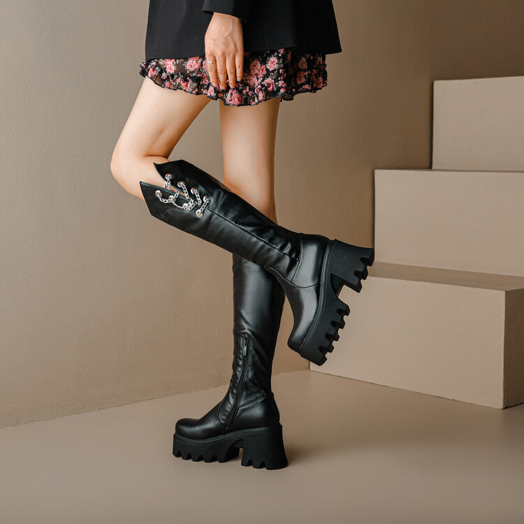 Women Round Toe Metal Chains Block Heel Platform Knee-High Boots