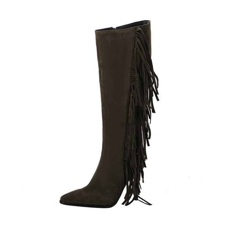 Women Flock Pointed Toe Tassel Stiletto Heel Knee-High Boots