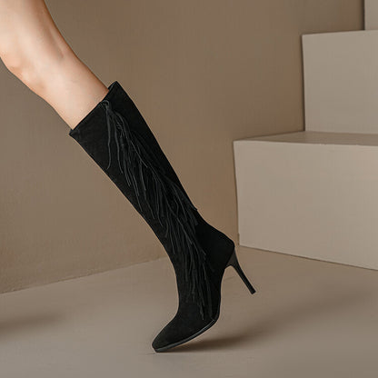 Women Flock Pointed Toe Tassel Stiletto Heel Knee-High Boots