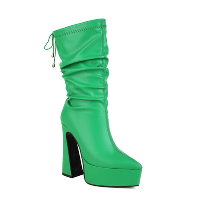 Women Pu Leather Pointed Toe Back Tied Straps Spool Heel Platform Mid-calf Boots