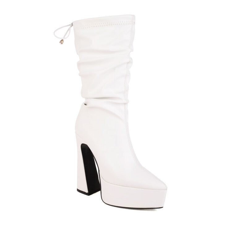 Women Pu Leather Pointed Toe Back Tied Straps Spool Heel Platform Mid-calf Boots