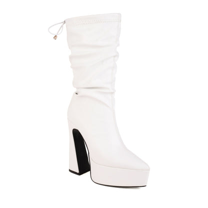 Women Pu Leather Pointed Toe Back Tied Straps Spool Heel Platform Mid-calf Boots