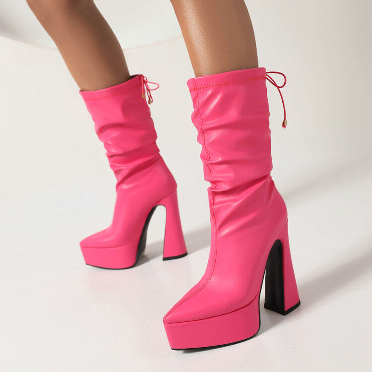 Women Pu Leather Pointed Toe Back Tied Straps Spool Heel Platform Mid-calf Boots