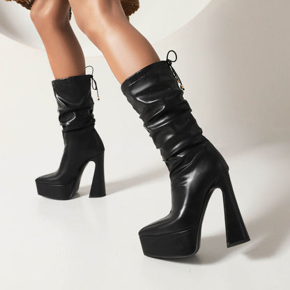 Women Pu Leather Pointed Toe Back Tied Straps Spool Heel Platform Mid-calf Boots